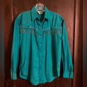 NWOT KZK Western Turquoise Shirt with embroidery and hanging beads, Small
